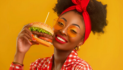 photoshoot of a beautiful model afro woman holding a burger