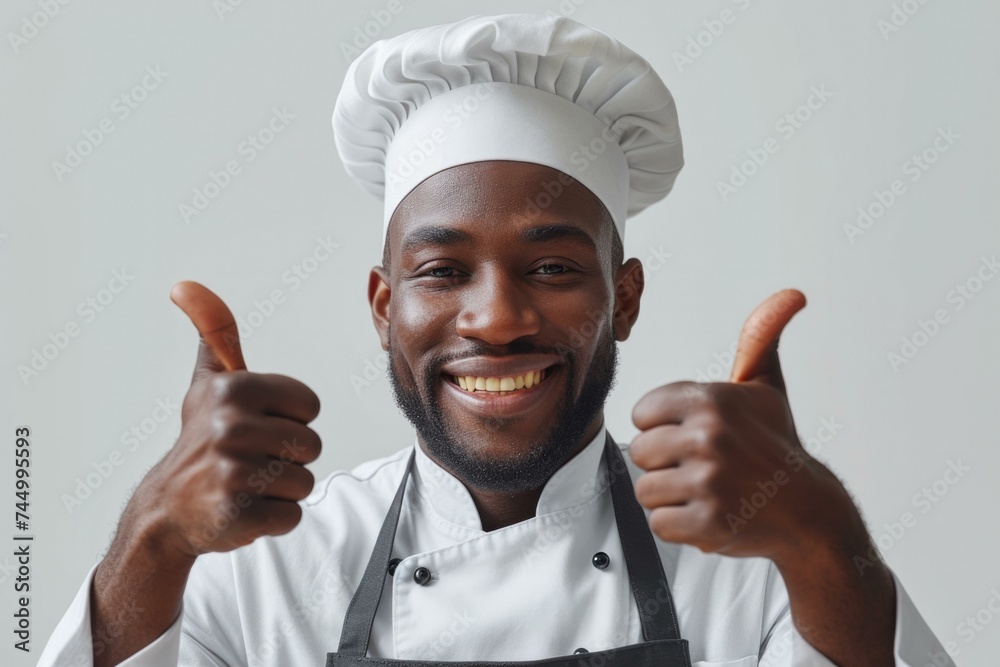 Wall mural A smiling black man in a chef hat giving thumbs up. Generative AI.