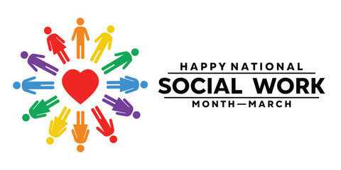 National Social Work Month. People and heart. Card, banners, posters, social media and more. White background. - obrazy, fototapety, plakaty