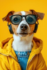 Dog wearing headphones and jacket on yellow background. Generative AI.