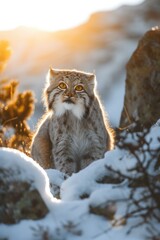 A lynx cat sitting on the ground in the snow. Generative AI.