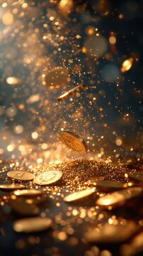Gold coins falling from the air with a sparkle. Generative AI.
