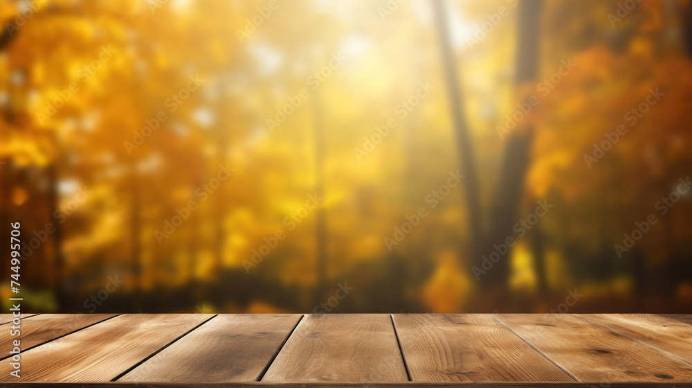 Wall mural empty rustic wooden table for product display with blurred autumn forest background
