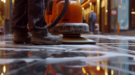 Man polishing hard floor with polishing machine - obrazy, fototapety, plakaty