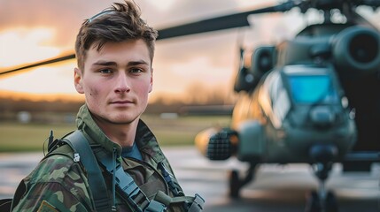 Obraz premium Confident young military man in front of helicopter at sunset. portrait in camouflage. professional and ready. modern soldier. AI