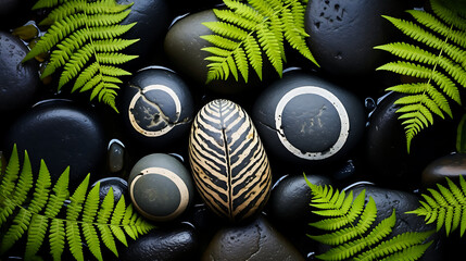 Show me a captivating image of river stones embraced by ferns.