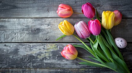 Easter Monday arrangement: Colorfully decorated eggs accompanied by fresh tulips on wooden backdrop.