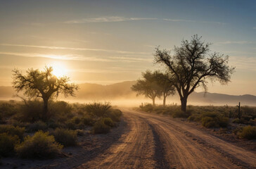 Fototapeta na wymiar sunset in the desert and dirt road landscape