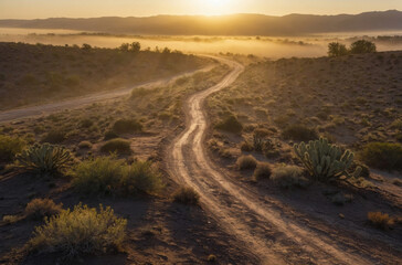 Fototapeta na wymiar sunset in the desert and dirt road landscape
