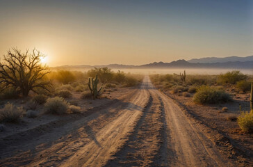 sunset in the desert and drirt road landscape