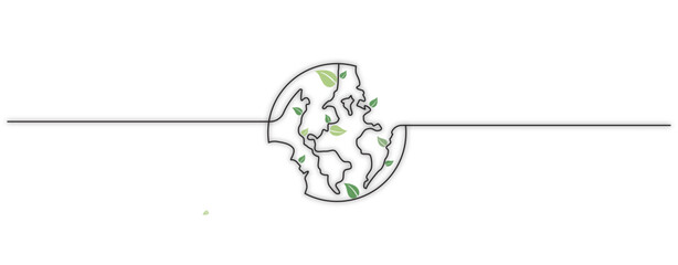 globe with drawn lines and leaves. Linear world map with plants. Save the Planet Concept. World environment day symbo.vector eps