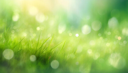 Obraz premium Close-up of fresh green grass with dew on a blurred bokeh lights background