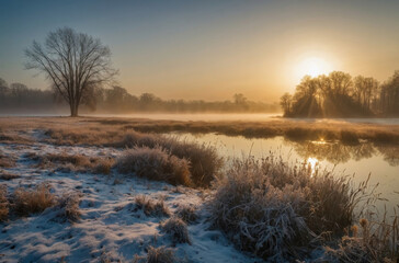 morning sunlight in the meadow and lake landscape