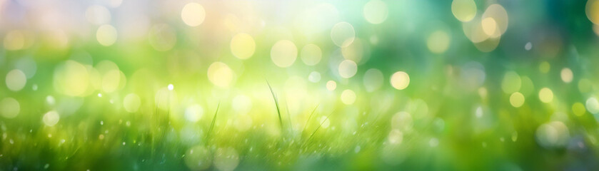 Obraz premium Close-up of fresh green grass with dew on a blurred bokeh lights background