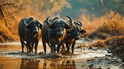 Foto op Canvas delightful image of buffaloes reveling in a mud pool, capturing their social dynamics and rugged beauty © Tina