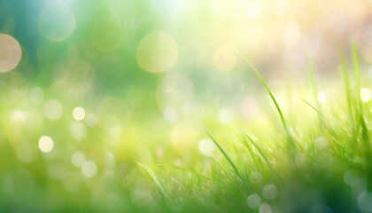 Obraz premium Close-up of fresh green grass with dew on a blurred bokeh lights background
