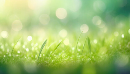 Obraz premium Close-up of fresh green grass with dew on a blurred bokeh lights background
