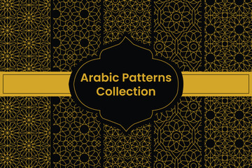 Set of Golden Arabic Patterns on Black Background, Vector