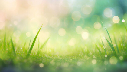Obraz premium Close-up of fresh green grass with dew on a blurred bokeh lights background
