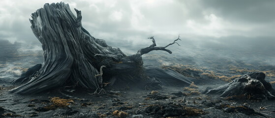 Devastated scorched earth in the valley, burnt trees, burnt vegetation and grass. Dead landscape with the remains of large tree, intense atmosphere, burned charred fire
