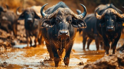delightful image of buffaloes reveling in a mud pool, capturing their social dynamics and rugged beauty