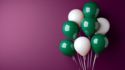A lively celebration: white and green helium balloons sparkle on a bright pink background. Suitable for birthdays, New Years, parties, weddings, Valentine's Day and celebration occasions.