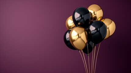 A lively celebration: gold and black helium balloons sparkle on a bright pink background. Suitable for birthdays, New Years, parties, weddings, Valentine's Day and celebration occasions.