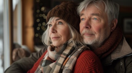 Middle aged man and woman at family house wearing warm wear, cozy atmosphere