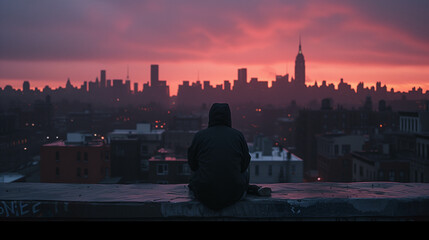 A shot from behind of a person sitting and gazing at the cityscape in front of him.