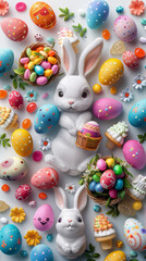 Fototapeta na wymiar A white bunny with a basket of easter eggs