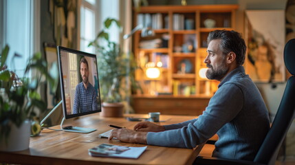 Fototapeta na wymiar Businessman in office sitting at wooden table, video conference call with colleague. Business negotiations, solving joint work tasks