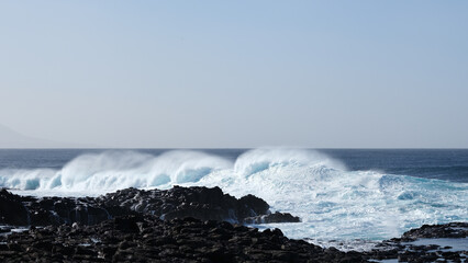 Large breaking waves and ocean view in Las Palmas, Canary islands, Spain