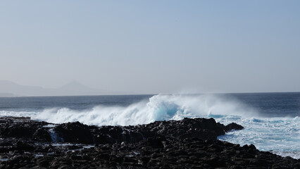 Large breaking waves and ocean view in Las Palmas, Canary islands, Spain