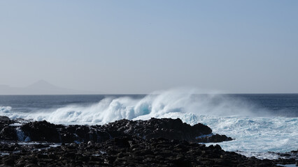 Large breaking waves and ocean view in Las Palmas, Canary islands, Spain