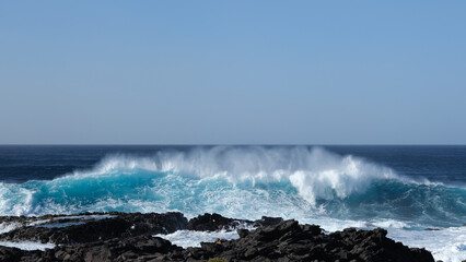 Large breaking waves and ocean view in Las Palmas, Canary islands, Spain