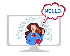 Learning english. Online english lesson for pupils and students. Video course, distance education, web seminar, internet class, personal teacher service. Illustration for book, dictionary, vocabulary.