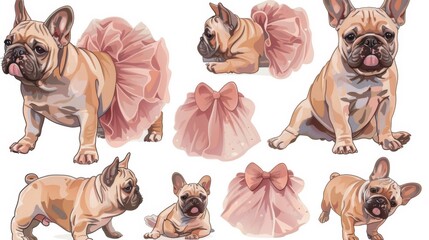 A set of illustrations of a french bulldog in various poses - obrazy, fototapety, plakaty