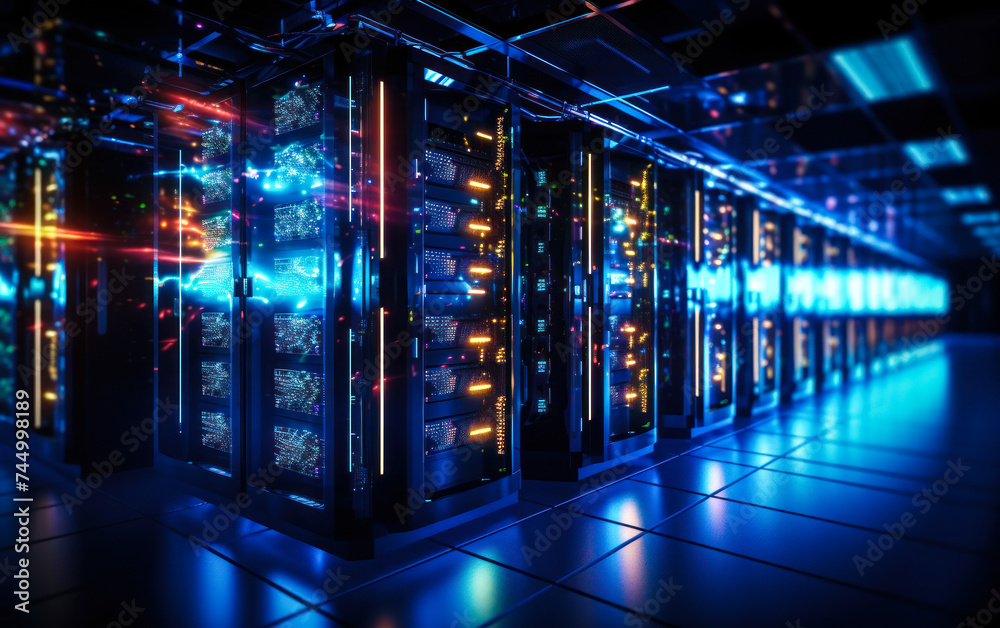 Poster high-tech data center server racks with glowing led lights, symbolizing network infrastructure, clou