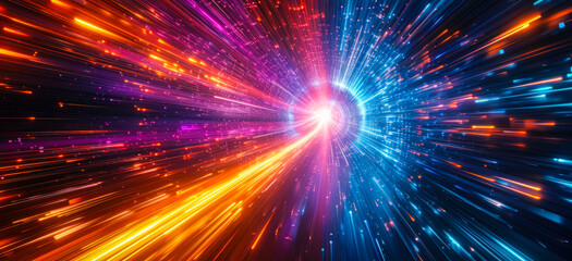 Naklejka premium Speed of Light Concept with Vibrant Streaks, High Velocity Movement Through Cyber Dimension, Dynamic Energy Flow in a Futuristic Tunnel