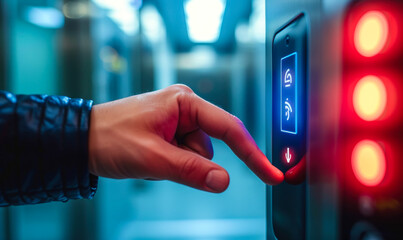Close-up of a person's hand using a modern security access control touchpad to enter a secure office building, representing technology and privacy - obrazy, fototapety, plakaty