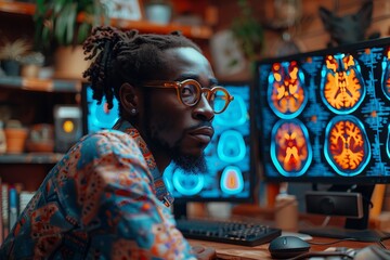 An artist wearing glasses is sitting in front of a computer monitor, creating art in the city...