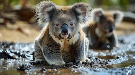 delightful image of playful koalas enjoying a mud pool, showcasing their fluffy ears and adorable clingy postures - obrazy, fototapety, plakaty