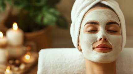 Spa beauty salon, woman face with a soothing mask. Embracing relaxation, tranquil ambiance, moment of rejuvenation and beauty amidst the bustling world