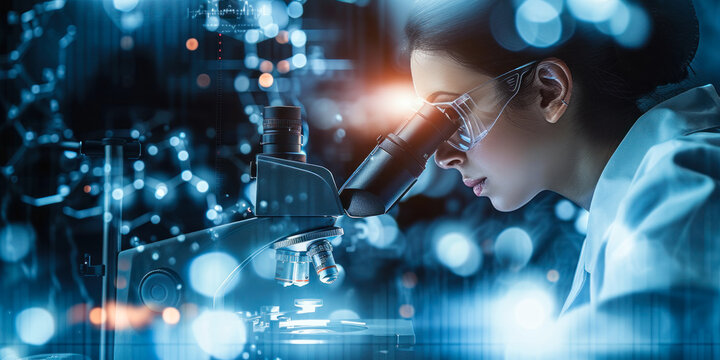 Innovative medical research with a scientist using a microscope and digital data visualization for advanced healthcare and biotechnology analysis