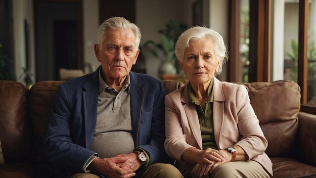 senior couple sitting at home, on sofa, realistic photography, photo, professional look, realistic lighting, day,