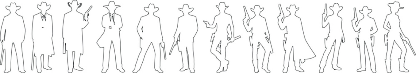 Dynamic cowboy, cowgirl line art illustration, ideal for western themes, animations, comics. Expressive poses, detailed design sketch artwork