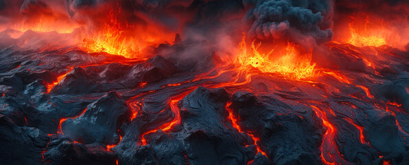 Intense volcanic landscape with molten lava flows and rugged black terrain, depicting nature's fury and raw energy in a panoramic dark fiery setting - obrazy, fototapety, plakaty