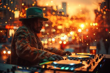 A man in a fedora hat is spinning tunes on a turntable at a fun city event. The music is bringing...