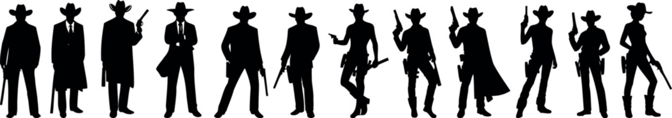 Cowboy silhouette, western, iconic figures, diverse cowboy poses, actions, thematic designs