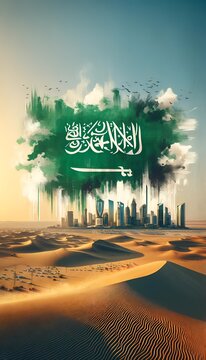 Saudi arabia flag day background illustration in grunge style with saudi flag and towers and skyscrapers.